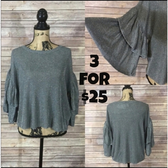 H&M Tops - H&M Gray Top Shimmer Layered Sleeves  M NWT